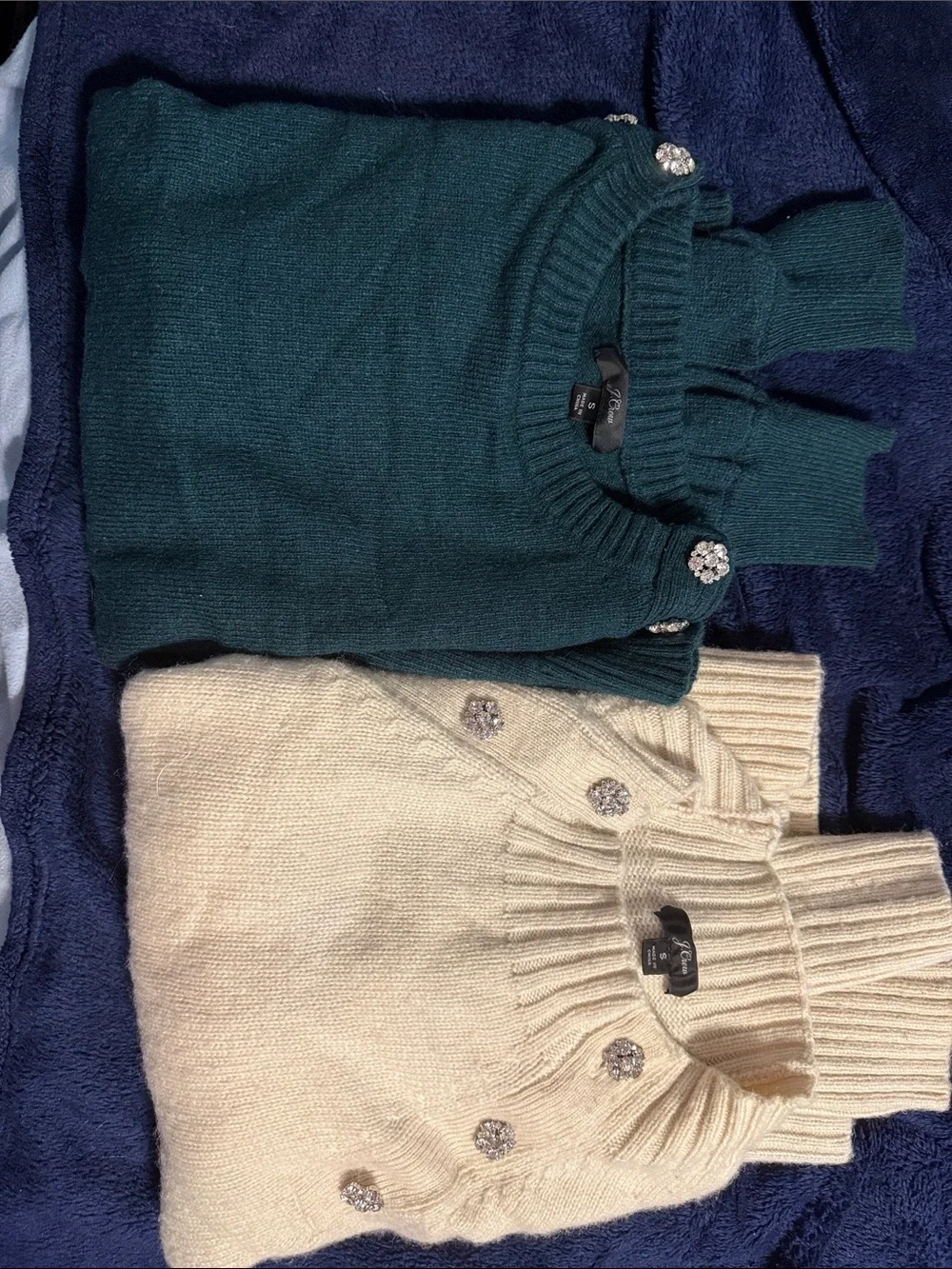 J. Crew Teal & Cream Crystal-Button Cowl and Turtleneck Sweaters